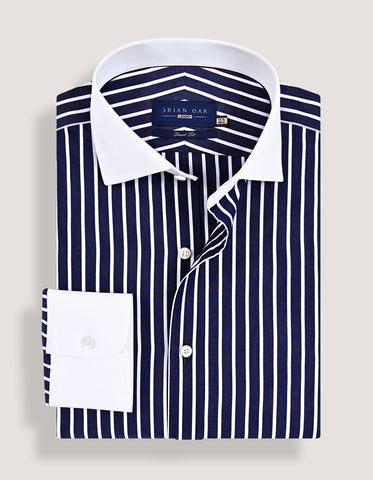 Contrast Collar Striped Navy Formal Shirt