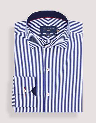 Blue & White Striped Twill Formal Shirt with Contrast Trim