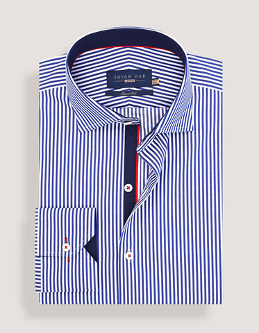 Blue & White Striped Twill Formal Shirt with Contrast Trim