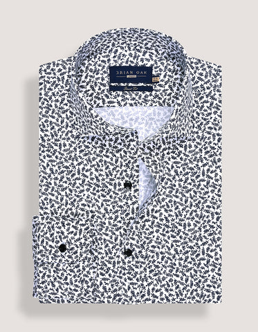 White Formal Shirt with Monochrome Leaf Print