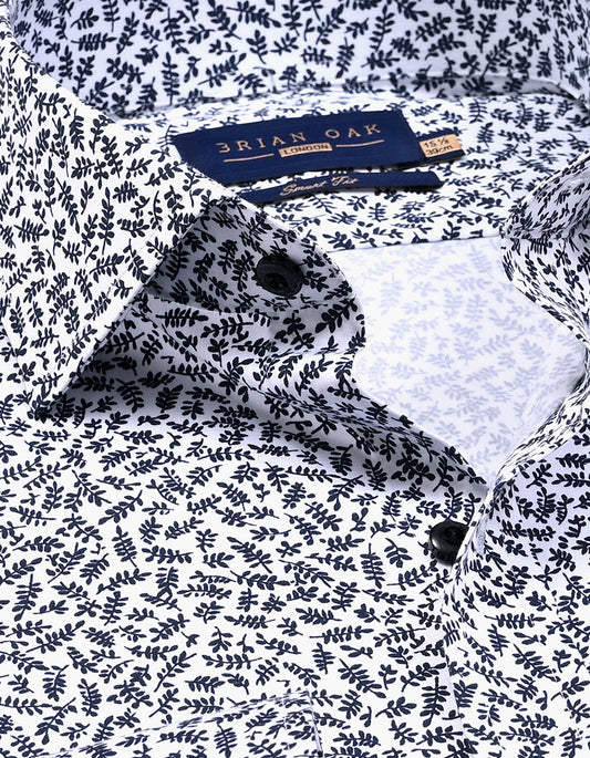 White Formal Shirt with Monochrome Leaf Print
