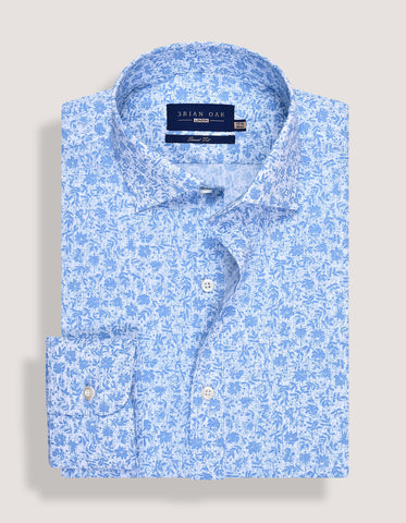 White and Sky Blue Botanical Print Formal Shirt