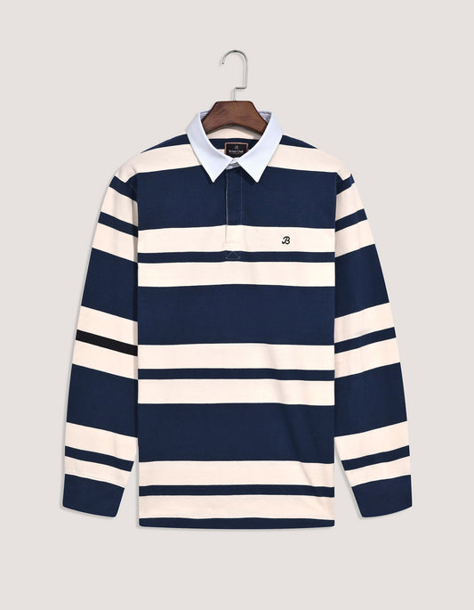 Navy Rugby Shirt with Cream Stripes