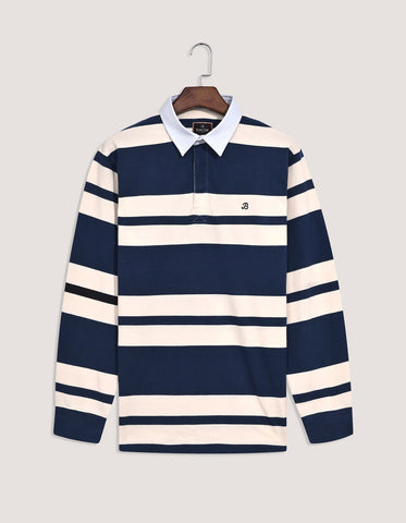 Navy Rugby Shirt with Cream Stripes