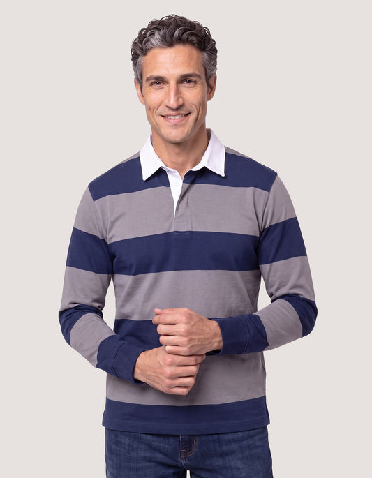 Grey and Navy Striped Relaxed Fit Rugby Shirt