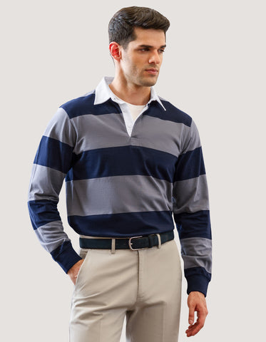 Grey and Navy Striped Relaxed Fit Rugby Shirt