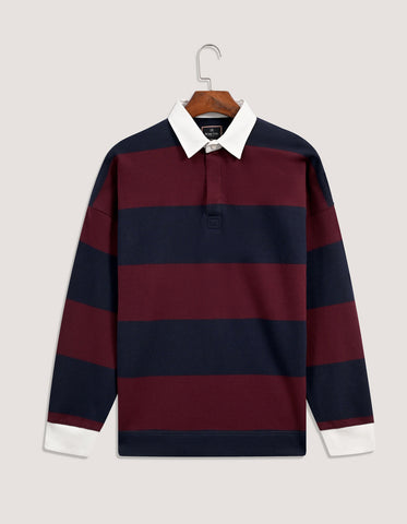 Relax Fit Navy Striped Cotton Rugby Polo