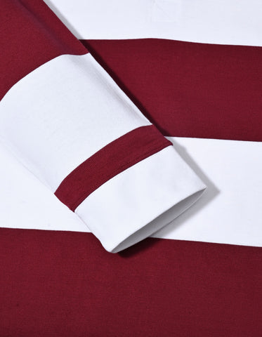 Off White and Maroon Relaxed Fit Striped Rugby Shirt