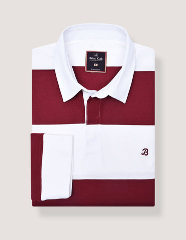 Off White and Maroon Relaxed Fit Striped Rugby Shirt