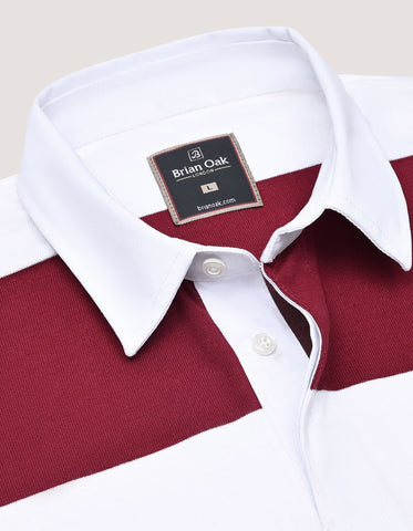 Off White and Maroon Relaxed Fit Striped Rugby Shirt