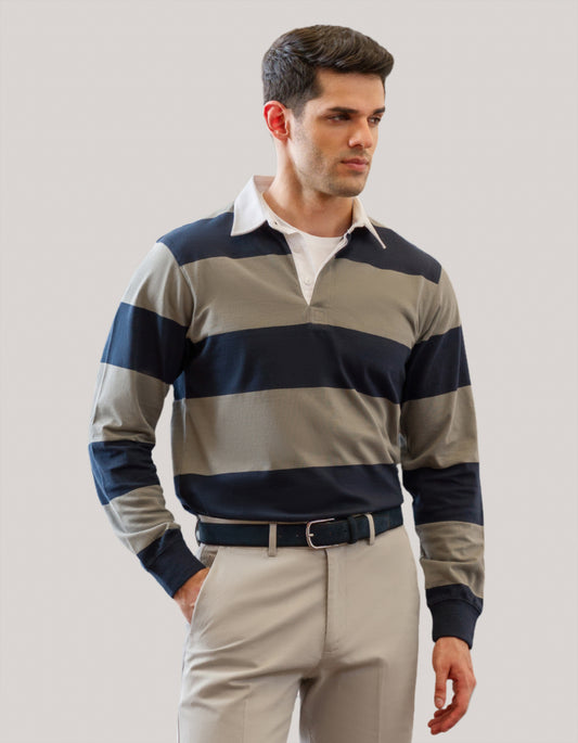 Grey and Navy Striped Rugby Shirt