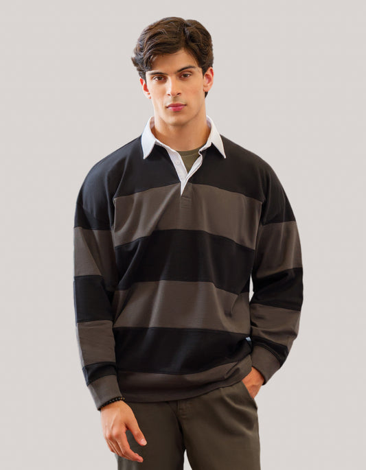Black Striped Relaxed Fit Rugby Shirt