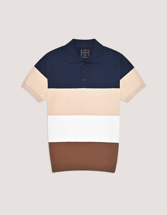 Navy Striped Fine Knit Polo