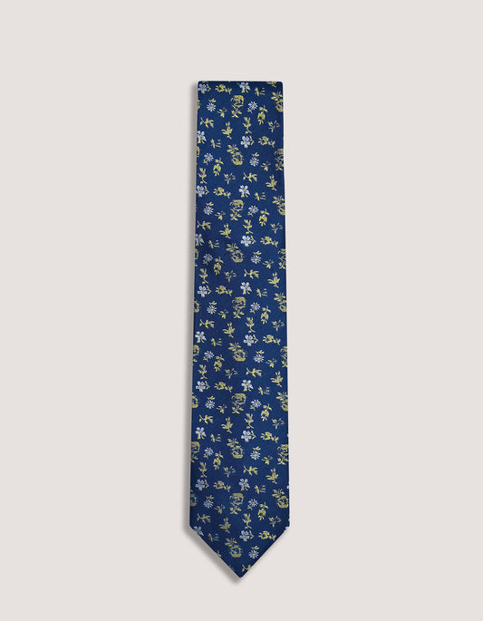 Corbata de seda con flores en azul marino y amarillo dorado