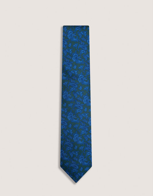 Corbata de seda con estampado paisley verde bosque y azul