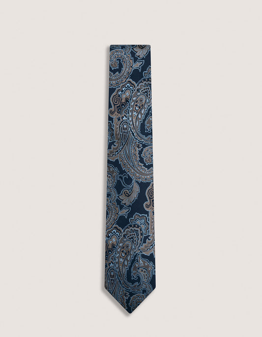 Corbata de seda con estampado paisley azul y bronce