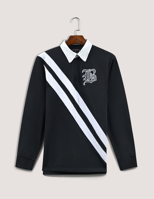 Camiseta de rugby clásica negra con logotipo bordado