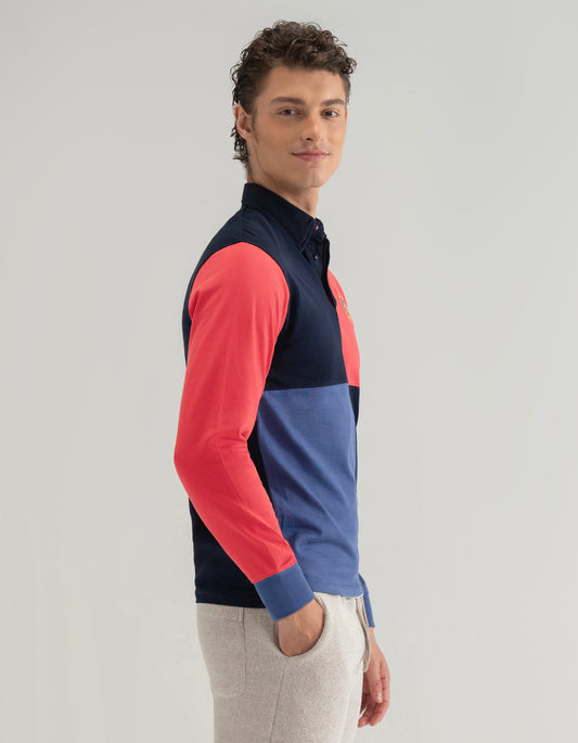 Navy and Red Colour Block Rugby Shirt