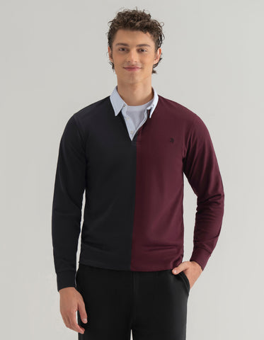 Black and Maroon Colour Block Rugby Shirt