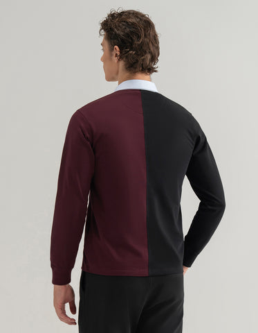 Black and Maroon Colour Block Rugby Shirt