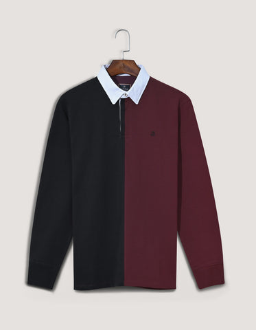 Black and Maroon Colour Block Rugby Shirt