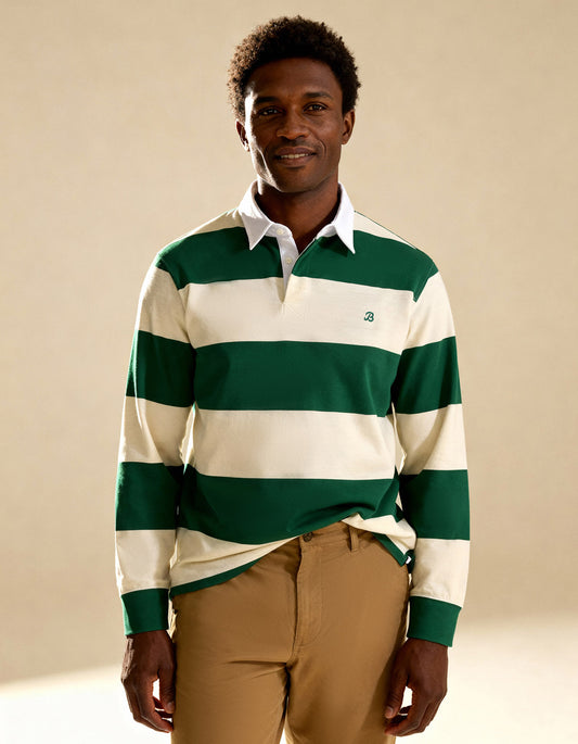 Off White & Green Striped Rugby Shirt