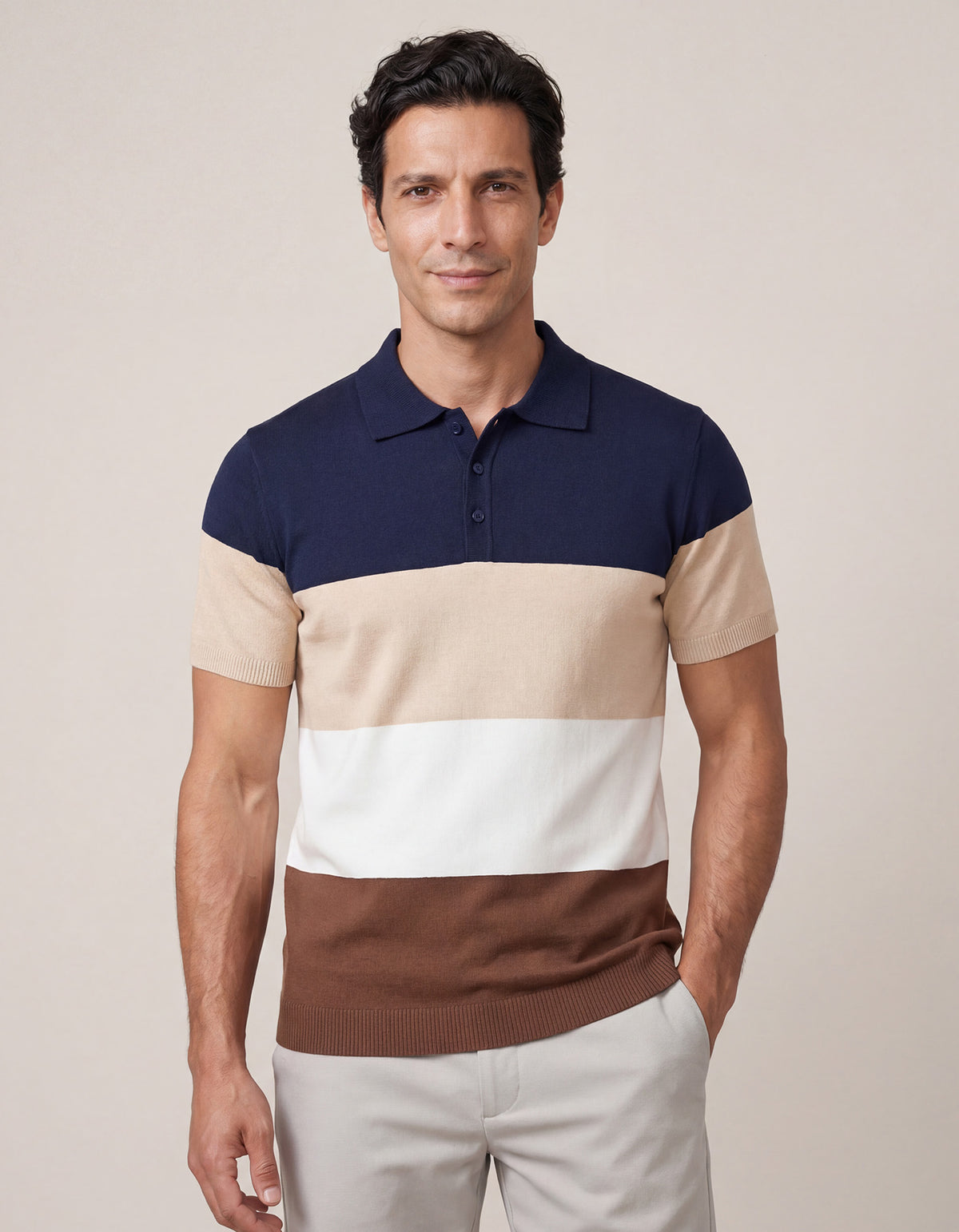 Navy Striped Fine Knit Polo