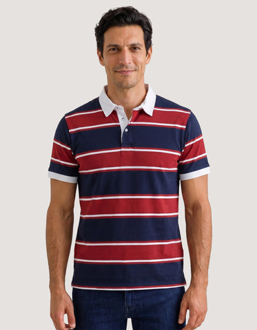 Polo rayé bleu marine et rouge